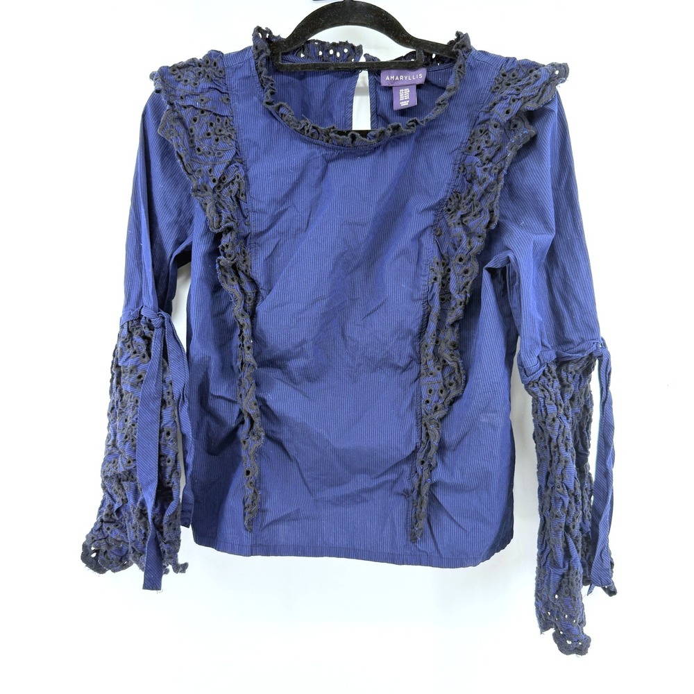 Amaryllis Blouse Eyelet Ruffle Pinstripe M/L Blue W Long Sleeve Boho Top Goth